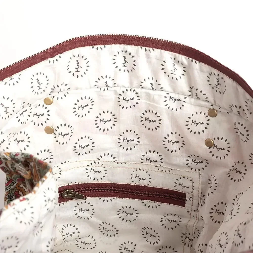 Myra Bag Handmade Paisley Pointe Weekender Bag Upcycled Canvas & Cowhide Leather